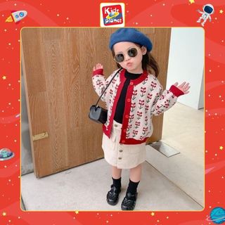 Áo khoác len cardigan cho bé gái KIDPLANET áo len cherry trẻ em  dệt kim mềm mại từ 5, 6, 7, 8, 9, 10 tuổi N00533