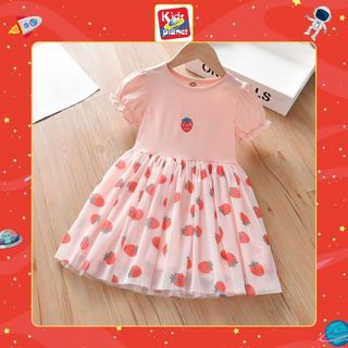 Váy xoè lưới cộc tay in hoạ tiết quả dâu tây cho bé gái 8-25kg (N00864)