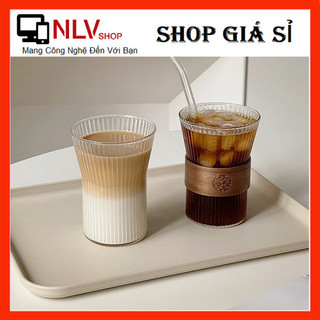 Ly thủy tinh, cốc thủy tinh kẻ sọc có đai giả gỗ phong cách vintage,Ly cà phê sang trong 220ml