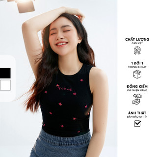 Áo Tanktop crop thun tăm trắng/đen thêu hoa random 411TS4002 ADORE DRESS