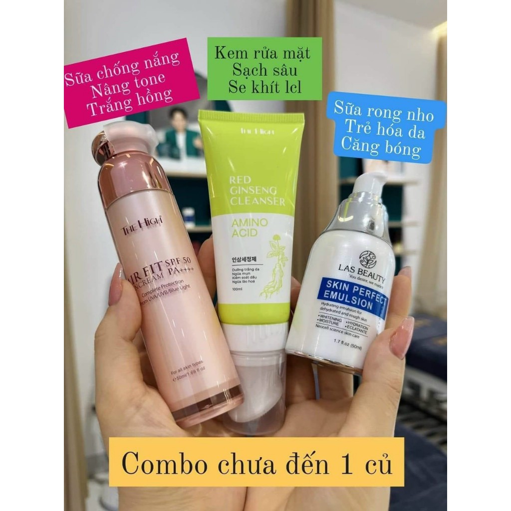 Combo bộ 3 sản phẩm thương hiệu The High (Kem rửa mặt, sữa chống nắng, Sữa dưỡng rong nho) giúp da c