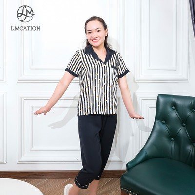 (Mua 1 tặng 1) Bộ đồ mặc nhà LMcation - Áo Pijama Lia - sọc đen & Quần lửng Pijama Lia - đen