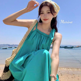 MARINE Váy đũi hai dây cổ yếm rút buộc nơ dáng dài phong cách vintage Hàn Quốc [V47]