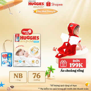 Tã/bỉm dán sơ sinh Huggies Skin PerfectNB 70+6 miếng với 2 vùng thấm giảm kích ứng da