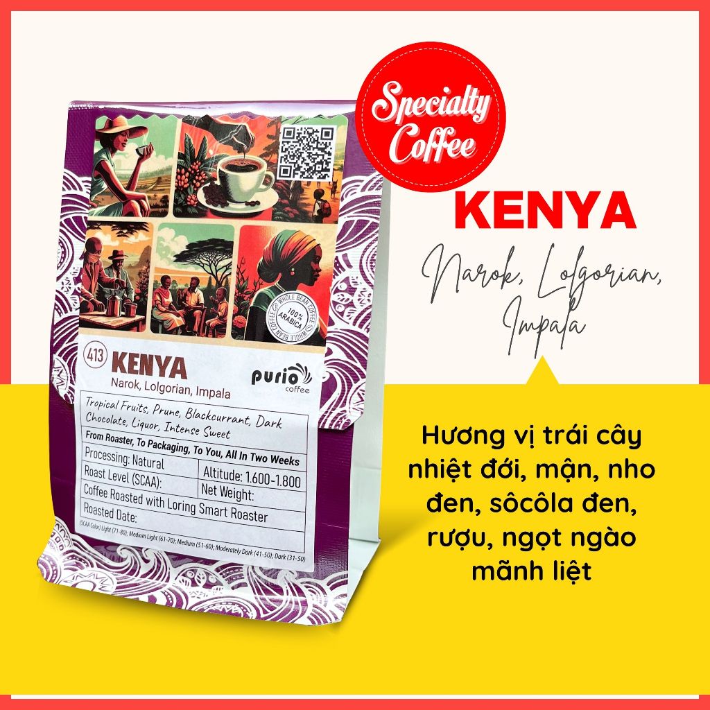 Cà phê specialty nhập khẩu cao cấp đặc sản Kenya, Narok, Lolgorian, Impala, Purio 413