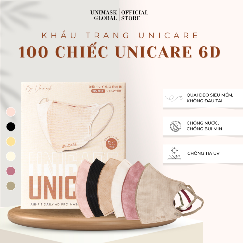 Thùng 100 chiếc khẩu trang 6D UNICARE 3 lớp kháng khuẩn kháng bụi siêu mịn không thấm nước
