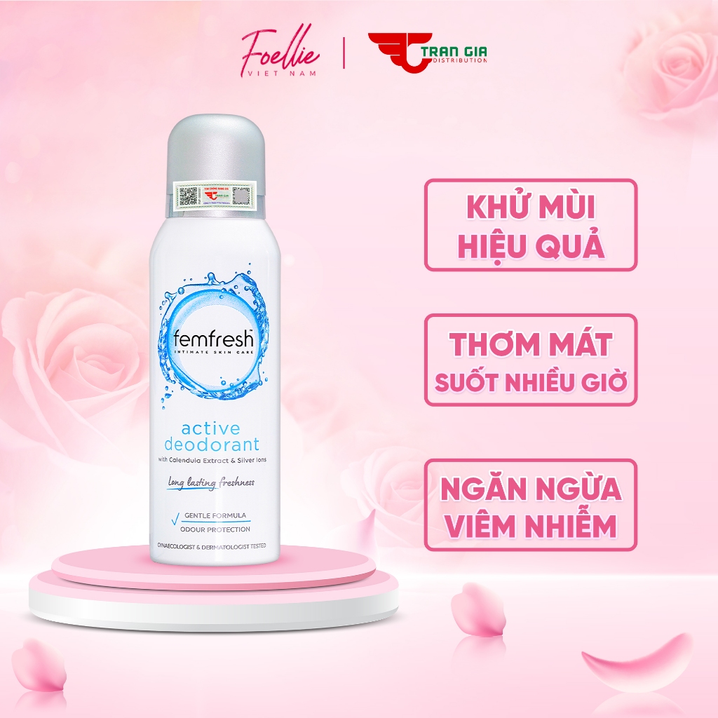 Xịt Thơm Mát FemFresh, Khử Mùi Vùng Kín Chưa Ion Bạc Lưu Hương Suốt 12h Femfresh Deodorant Active 125ml