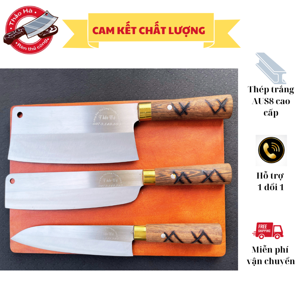 Bộ dao nhà bếp, Bộ dao rèn từ thép trắng Nhật 420J2 cao cấp, cán gỗ mun, chống trơn