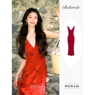 (HÀNG SẴN) Váy voan màu đỏ MORAN hoa đen cổ V thon eo dáng dài bút chì gợi cảm style Hong Kong cổ điển sang trọng