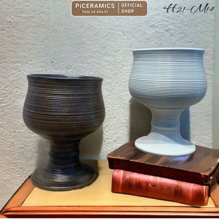 Lọ hoa gốm Bát Tràng, dáng ly nước để bàn, cao 21cm - miệng 14cm, màu trắng nâu