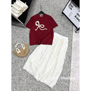 SÉT ÁO ĐỎ VÁY NƠ BÈO TRẮNG CAO CẤP