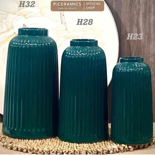 Bình cắm hoa gốm Bát Tràng dáng lồng chim màu xanh đậm, men bóng - Gốm nhà Pi - HH