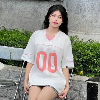 XA KHO 29k áo thun cổ tim in số 00 phối viền tay phông unisex tay lở