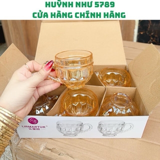 Bộ cốc thuỷ tinh hổ phách vàng 6 cái có quai