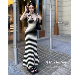 Đầm thun zip sọc dáng dài ôm body tay sát nách cổ bẻ!