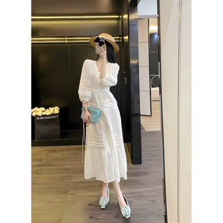 Váy nữ chất tơ cổ V cúc bọc phối ren