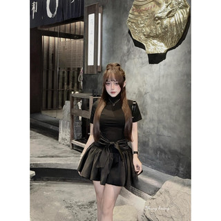 Đầm thun cộc tay buộc nơ eo đen