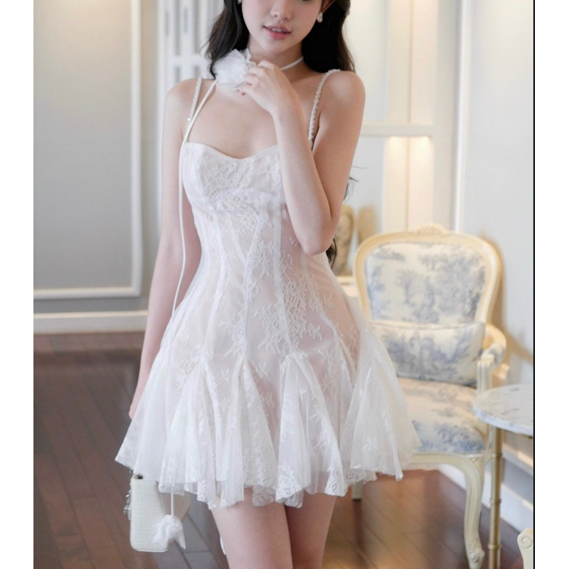 ĐẦM VOAN LƯỚI 2S CÚP NGỰC CHOCKER HOA CỔ
