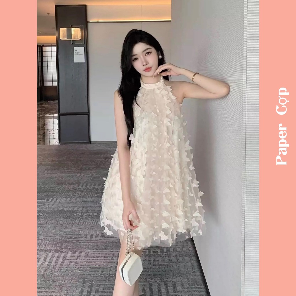 Váy- Áo yếm nữ PAPERCOP dáng Babydoll cột nơ cổ chất voan lưới đính họa tiết bướm nhỏ hàng hai lớp cao cấp .