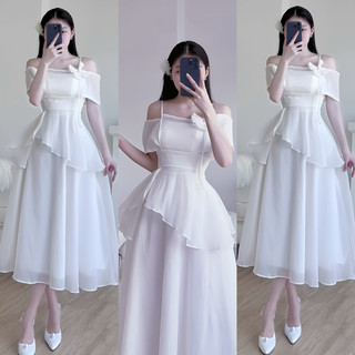 Váy Dự Tiệc trễ Vai ( Giả set ) Phối Nợ Dáng Xoè Dài Chất tơ Tằm Mềm Phong Cách Nhẹ nhàng Cho Nữ - TV870