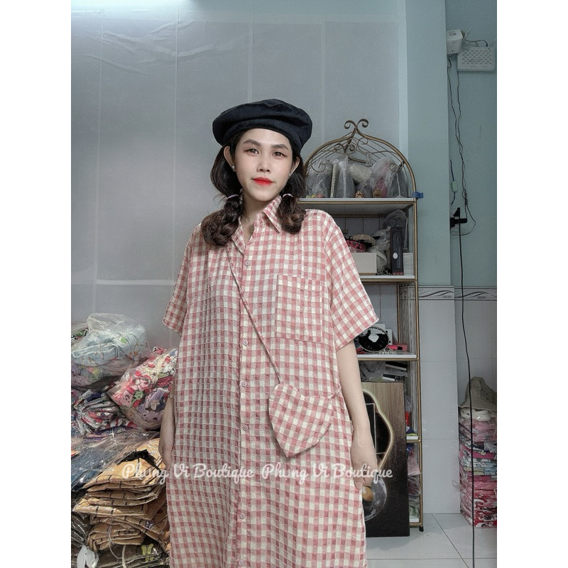 Đầm Suông Vải Caro ( kèm Túi Trái Tim shop tự chế cùng màu đầm dễ thương )