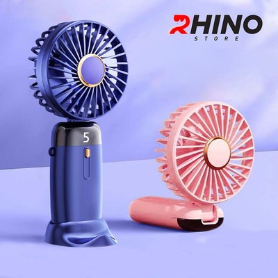 Quạt cầm tay mini siêu mát Rhino F401 tích điện với 5 mức độ gió, kèm đế, dây treo, lượng cao