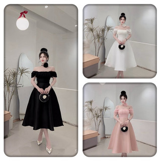 Đầm dự tiệc bigsize 55 đến 90 ký kèm tag hoa chất vải taptar 3 màu đen, trắng, hồng