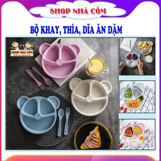 Khay ăn dặm cho bé bằng lúa mạch hình gấu đáng yêu tiện dụng kèm thìa và dĩa. Giúp bé hứng thú hơn.