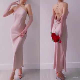 Đầm Lụa Cổ Yếm Hở Lưng Thiết Kế Cao Cấp- Váy Lụa Cổ Yếm Hở Lưng Dáng Dài Đuôi Cá Tôn Dáng