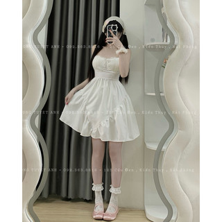 Váy 2 dây cúp ngực viền ren nơ xoè tiểu thư