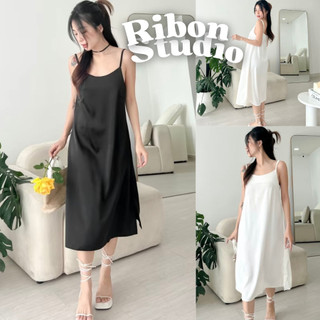 Váy Lụa 2 Dây Maxi Suông RIBON Đầm Đi Biển Dáng Dài Mặc Công Sở đi Ngủ Trẻ Trung Màu Trắng Đen