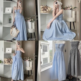Đầm/Váy maxi quây chun ngực kẻ caro dáng dài mặc đi chơi, đi biển siêu xinh