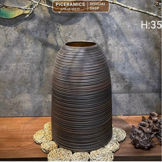 Bình hoa gốm Bát Tràng dáng chuông vân ganh, cắm hoa để bàn, cao 35cm miệng 12cm, màu nâu mộc