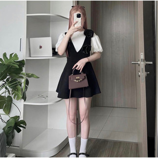 Set yếm váy đính hoa kèm áo phông tay bồng