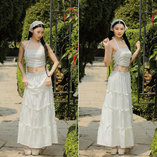 Chân váy dài nữ VMSTYLE 3 tầng viền bèo xoè lưng thun bồng bềnh màu trắng đi biển, đi chơi CVD00109