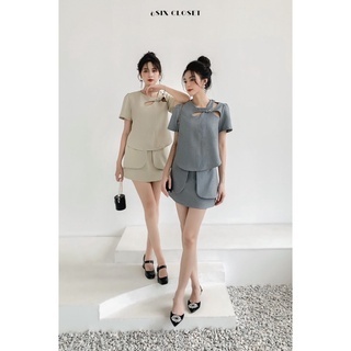 [6SIX closet] Set áo Emera nơ đá mix chân váy Dora vạt bên