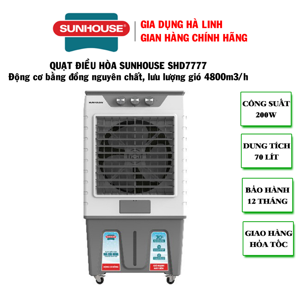 Máy làm mát không khí Sunhouse SHD7777, Công suất 200W, Lưu lượng gió 4800m3/h, Dung tích 70 Lít, Bả