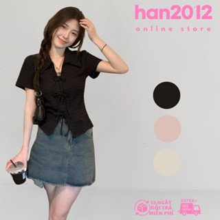 Áo coquette brandy kiểu form baby tee ôm xinh, Áo sơ mi dây nơ tay ngắn vải xốp nhăn