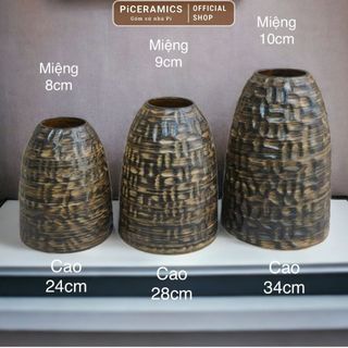 Bình cắm hoa gốm Bát Tràng, dáng chuông, hoạ tiết củ lạc cao 24cm/28cm/34cm, màu nâu - Gốm nhà Pi