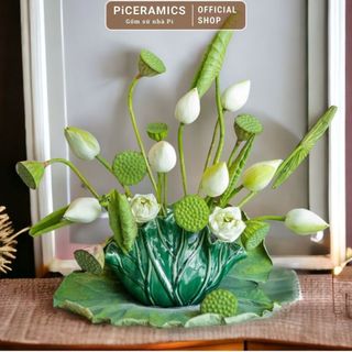 Bình cắm hoa sen gốm Bát Tràng, hoa tiết lá sen, cao 21cm miệng 33cm, màu xanh lá