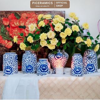 Bình hoa men lam gốm Bát Tràng cao cấp, hoạ tiết hoa dây vẽ tay, nhiều dáng màu men bóng