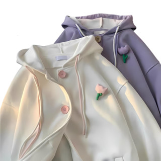 Áo Khoác Cardigan Cài Nút Họa Tiết Hình Hoa Tulip Dễ Thương