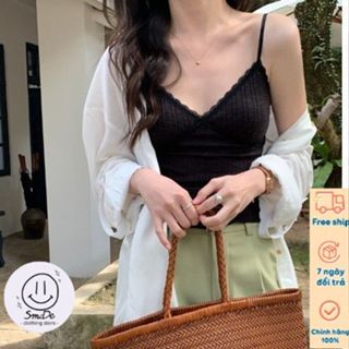Áo 2 Dây Dệt Kim Chất Thun Gân Tăm Mát Có Lót Đệm Mút Ngực Phối Ren Cổ V Thời Trang Mùa Hè Dành Cho Nữ | Smide Clothing