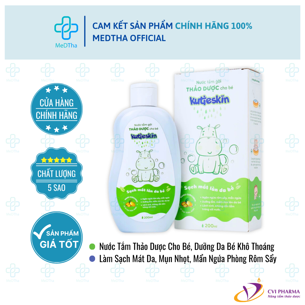 Nước Tắm Gội Thảo Dược Kutieskin - Nước Tắm Thảo Dược, Dịu Mẩn Ngứa, Bảo Vệ Da Cho Bé (Chai 200ml)