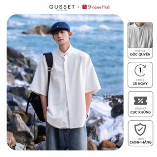 Áo Sơ Mi Nam Cổ Tàu Ngắn Tay GUSSET Chính Hãng Cổ Đứng Form Rộng Vải Lụa Chéo Mềm Mịn Style Basic Hàn Quốc