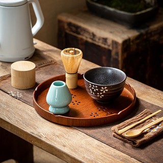 Khay gỗ tròn pha trà matcha