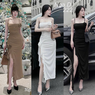 Đầm body đi tiệc xẻ đùi phối bèo hoa sang chảnh dáng dài a15