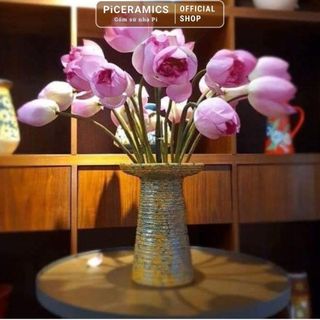 Bình hoa gốm Bát Tràng dáng mặt hồ, cao 27cm miệng 20cm, màu vàng cam, nâu mộc