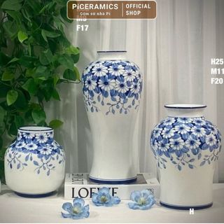 Lọ cắm hoa men lam gốm Bát Tràng cao cấp, hoạ tiết vẽ tay hoa cúc, nhiều kiểu dáng