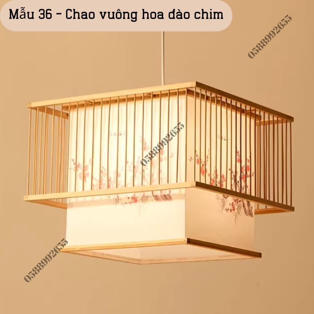 Chao vuông Hoa đào chim - Đèn lồng mây tre đan, Đèn thả trần decor nhà hàng khách sạn hotel coffe sân vườn - M36